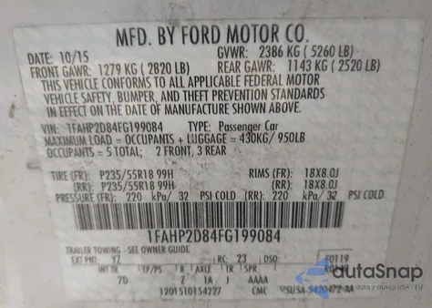 2015 Ford Taurus Se z USA, uszkodzony, nr VIN 1FAHP2D84FG199084